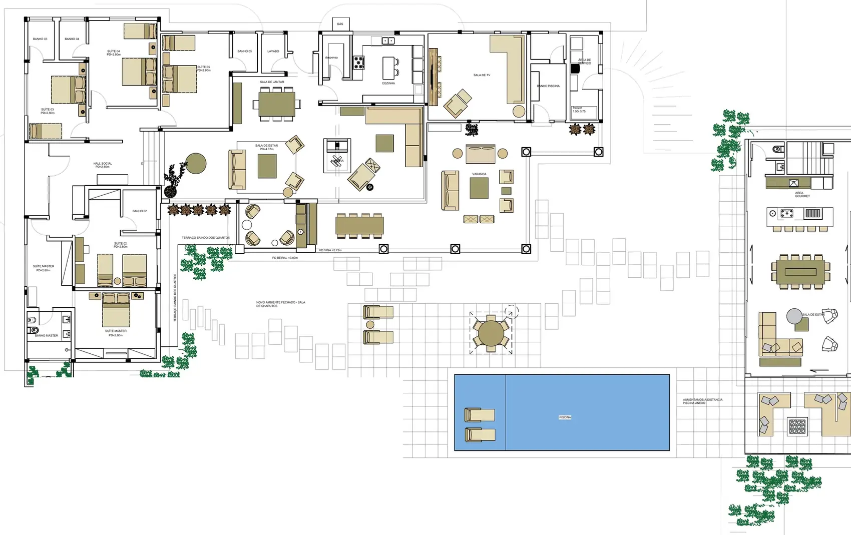 Planta da casa principal, piscina e implantação